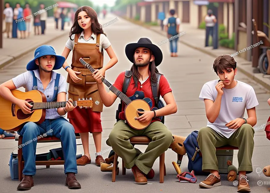 a group of people sitting on a bench with guitars