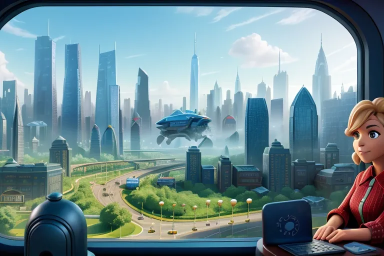 The landscape outside the time machine window transforms into a bustling futuristic cityscape, filled with towering skyscrapers and flying vehicles.