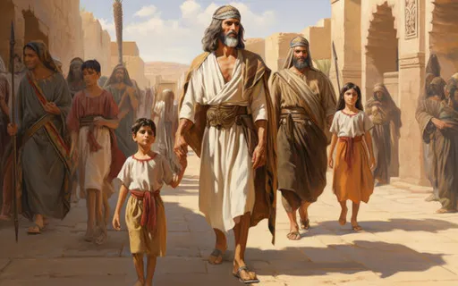 a painting of a man walking with two children