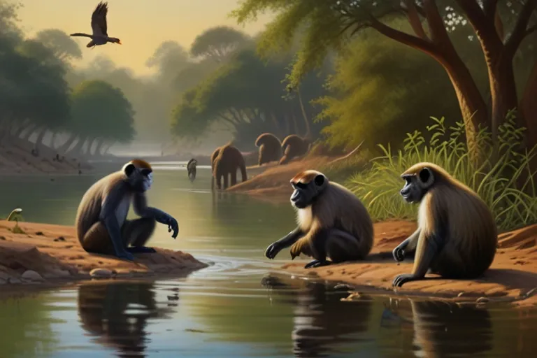 a group of monkeys sitting on top of a river