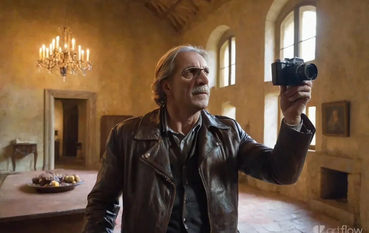 photographer Urbex in black leather jacket is photographing an old dilapidated living room with fireplace in an old 16th century villa in Tuscany. Almost Caravaggio-esque cinematographic light, very intriguing and mysterious.