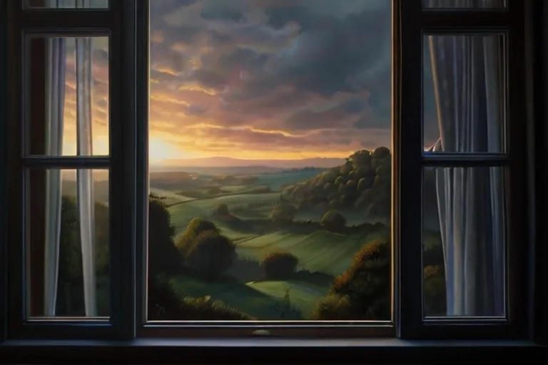 a painting of a sunset seen through a window