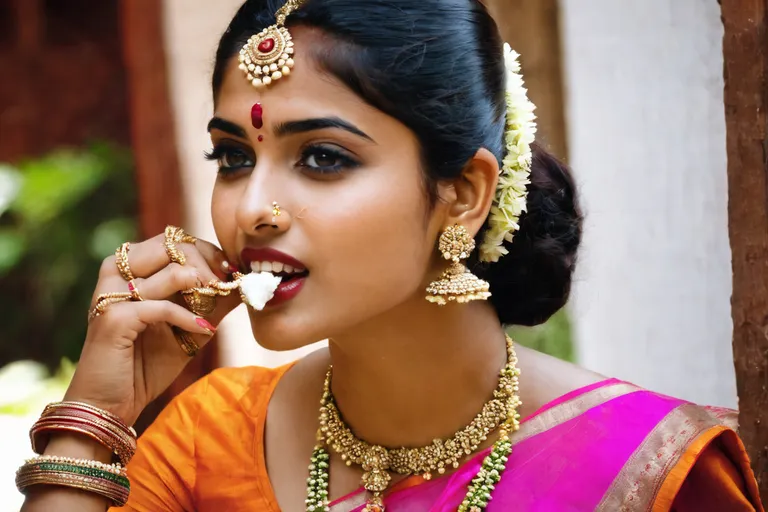 a beautiful woman in an orange and pink sari eating food