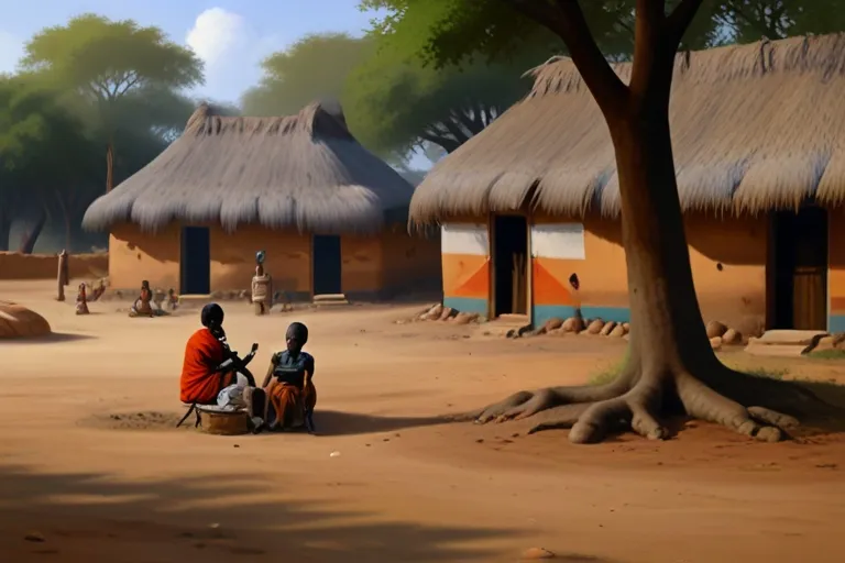 a painting of two people sitting in front of a hut