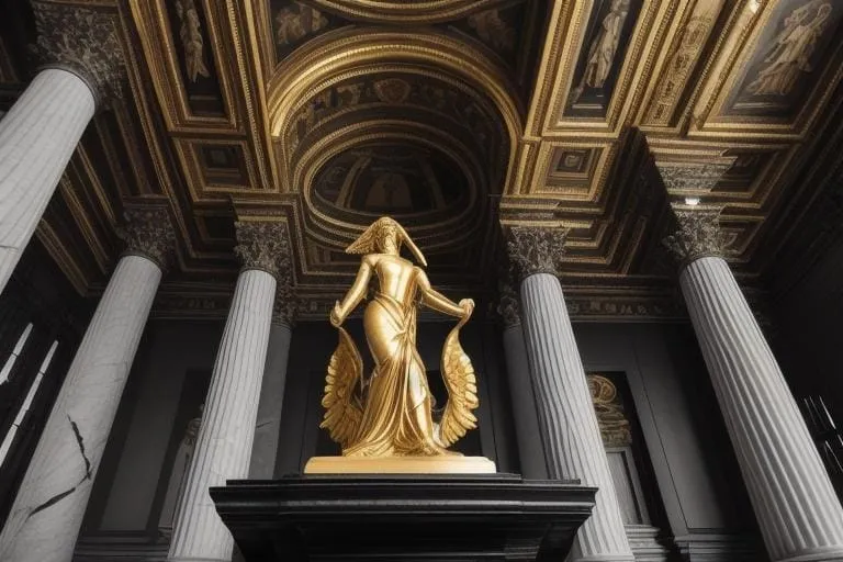 a statue of a woman in a room with columns