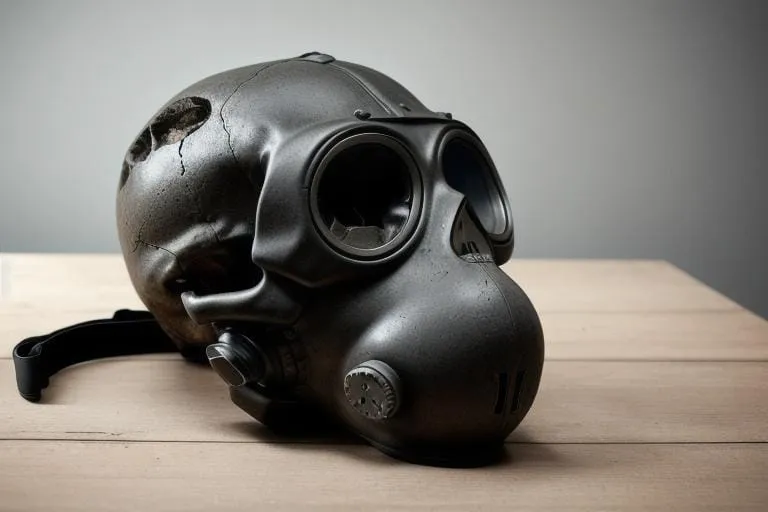 a gas mask sitting on top of a wooden table