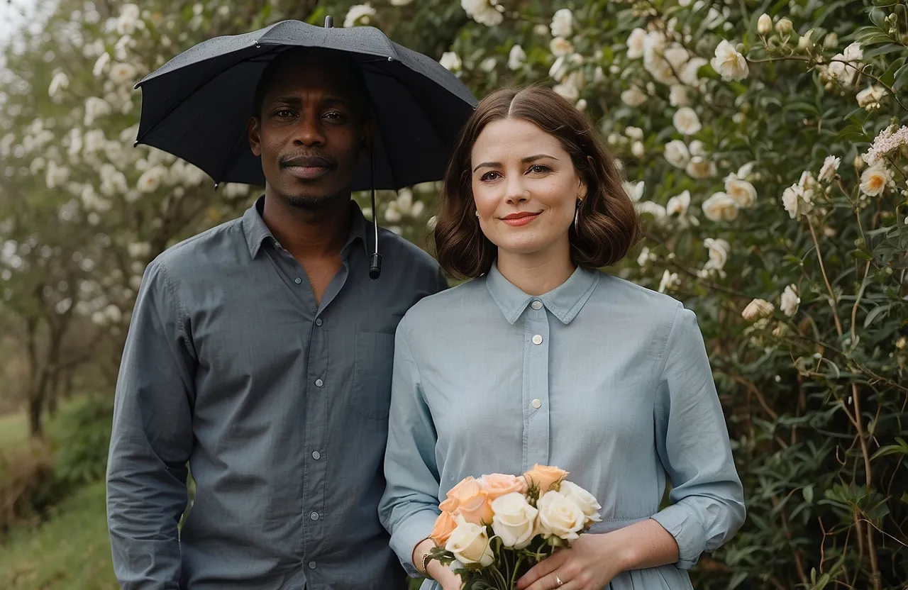 a man and a woman standing under an umbrella