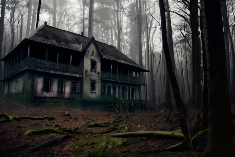an old house in the middle of a forest
