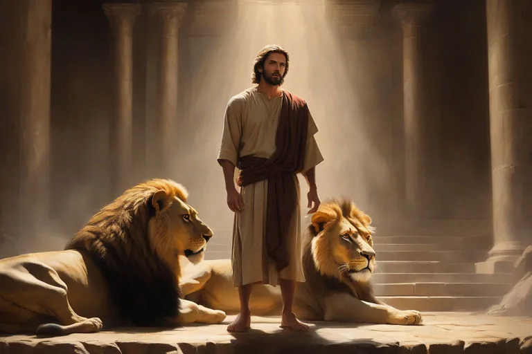 a painting of a man standing next to two lions