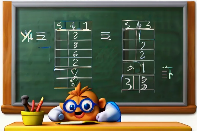 a cartoon character sitting at a desk in front of a blackboard