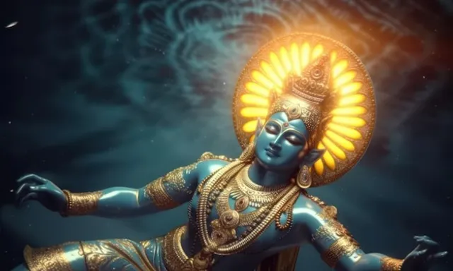 a statue of a hindu god in a blue and gold outfit