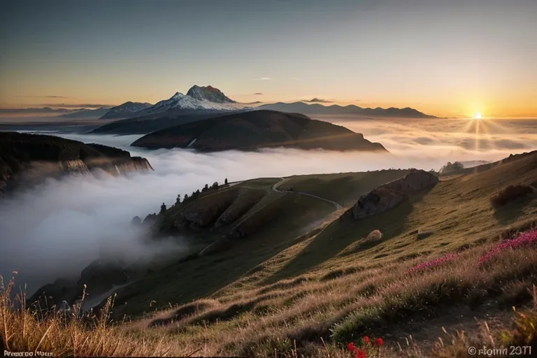 the sun is setting over a mountain range As a cloud drifts through the valley.