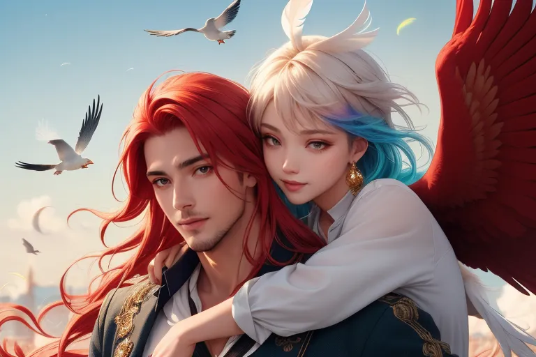 a man and a woman with red hair and wings