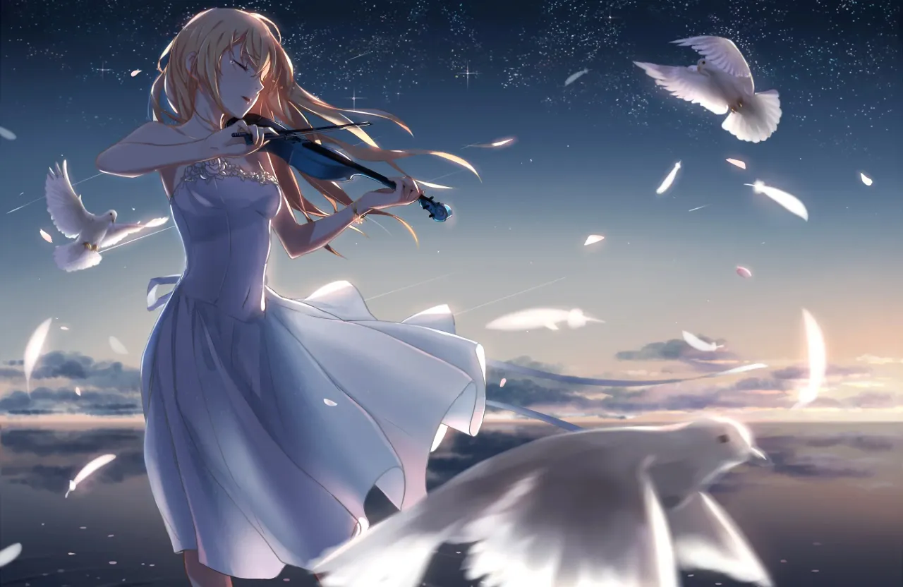 a woman in a white dress holding a violin