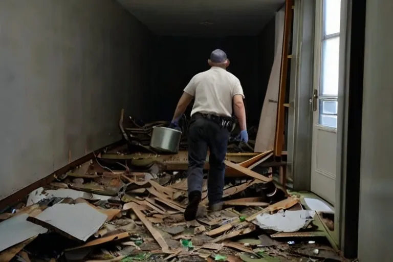 a man standing in a room that is falling apart