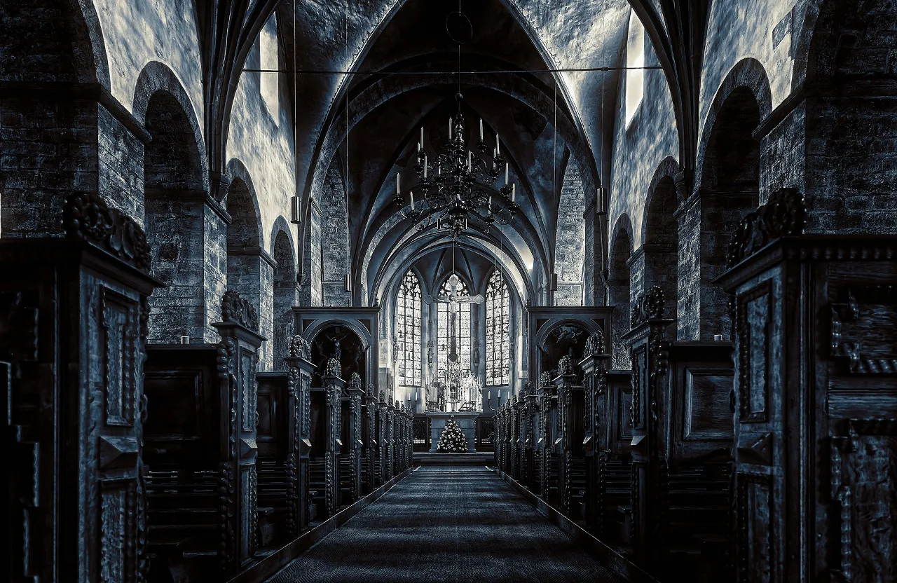 A stark, monochromatic black and white photo of a long hallway in a gothic cathedral, illuminated only by the moonlight