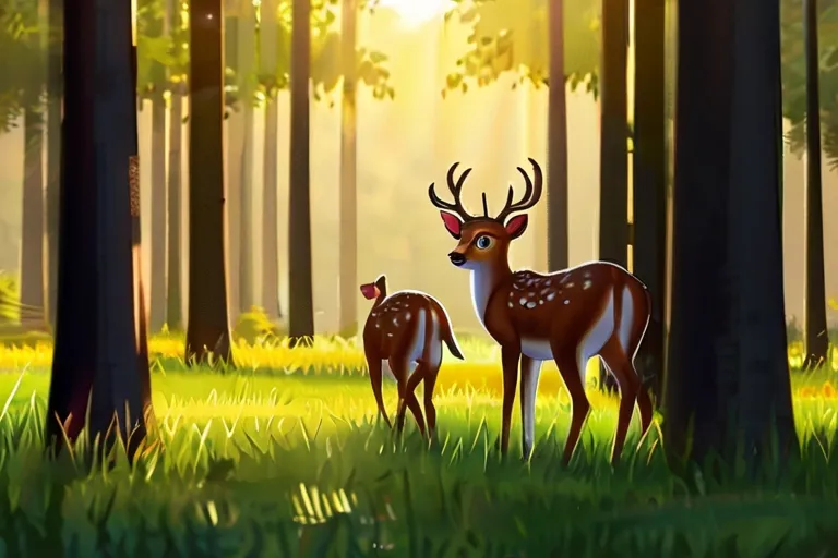 a couple of deer standing next to each other in a forest