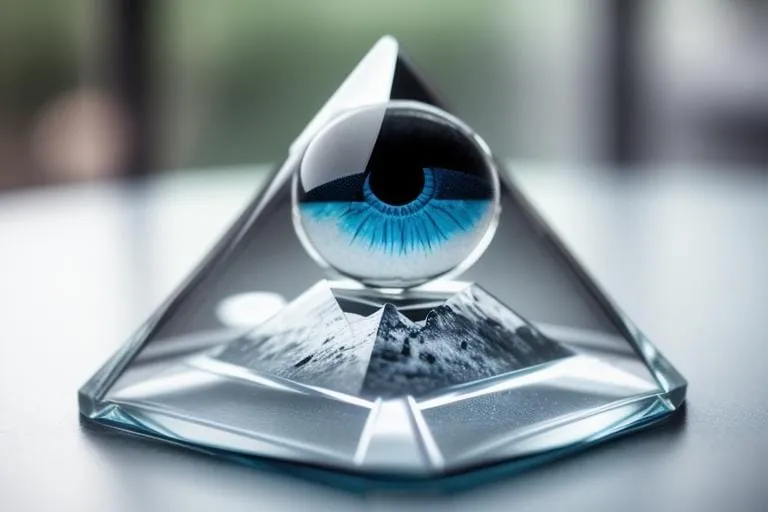 a blue eyeball sitting on top of a glass pyramid