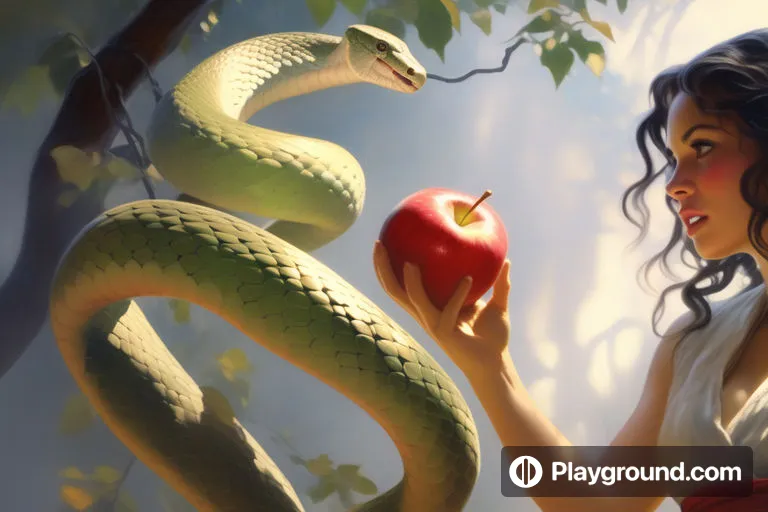 a woman holding an apple next to a snake