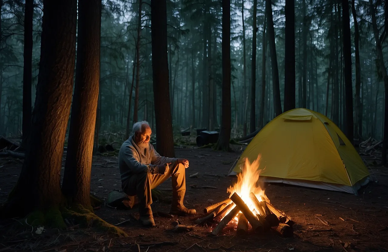 a man sitting next to a campfire in a forest