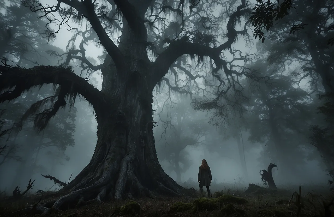 a person standing in front of a large tree