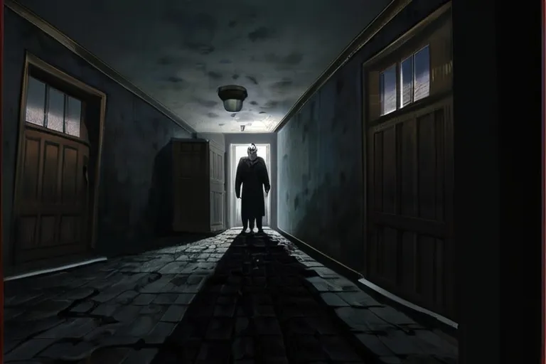 a man is standing in a dark hallway