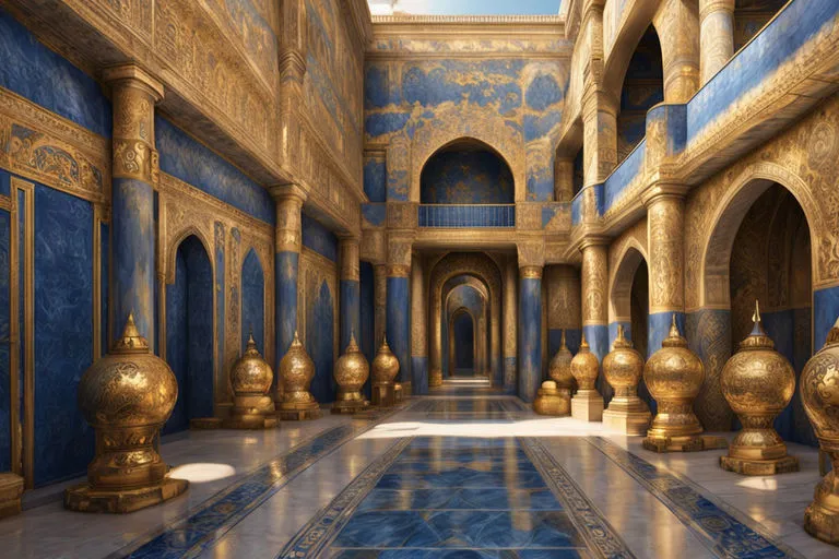 a painting of a hallway with blue and gold walls