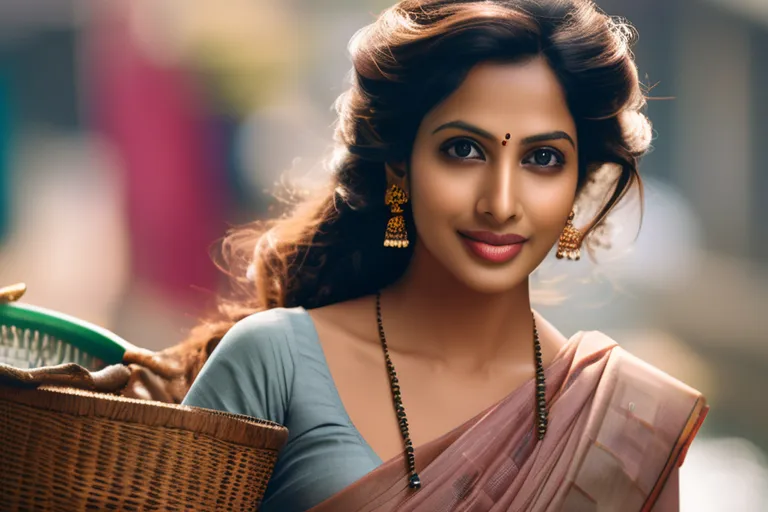 a woman in a sari carrying a basket, smiling