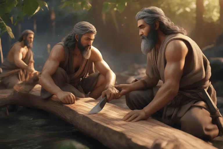 two men are sitting on a log in the water