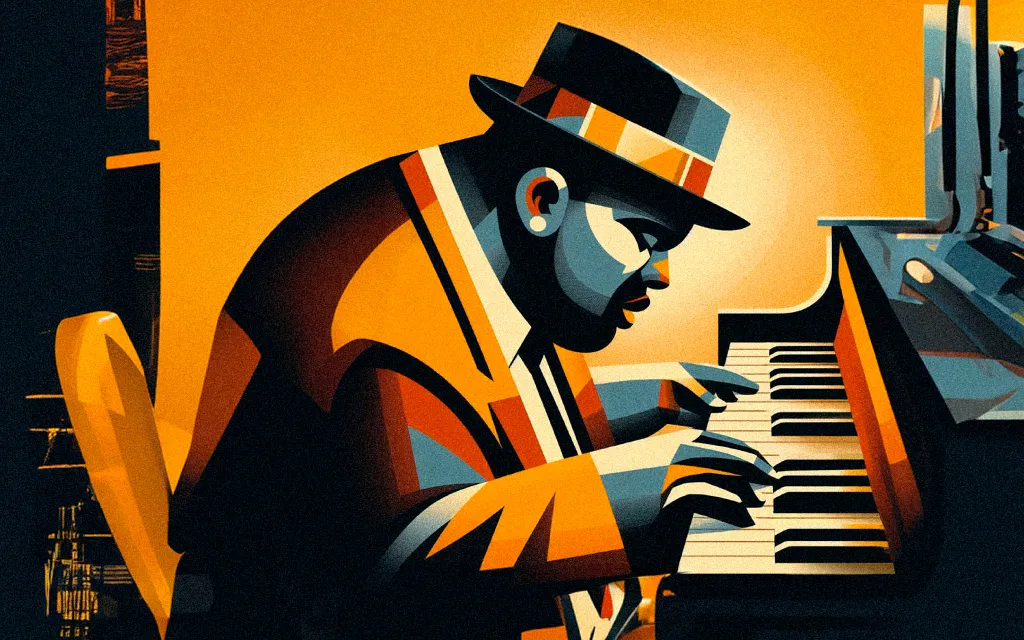 a painting of a man playing a piano