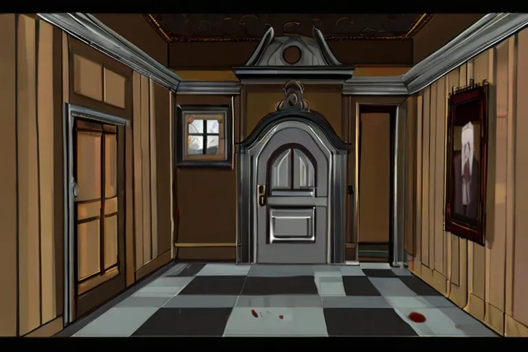 a hallway with a door and a clock on the wall