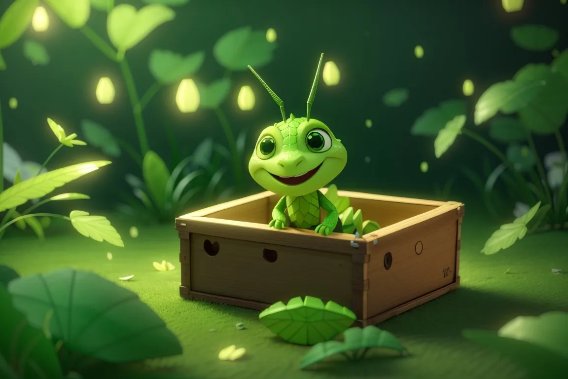 a green insect sitting in a wooden box