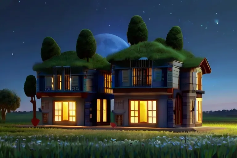 a night scene of a house with a green roof