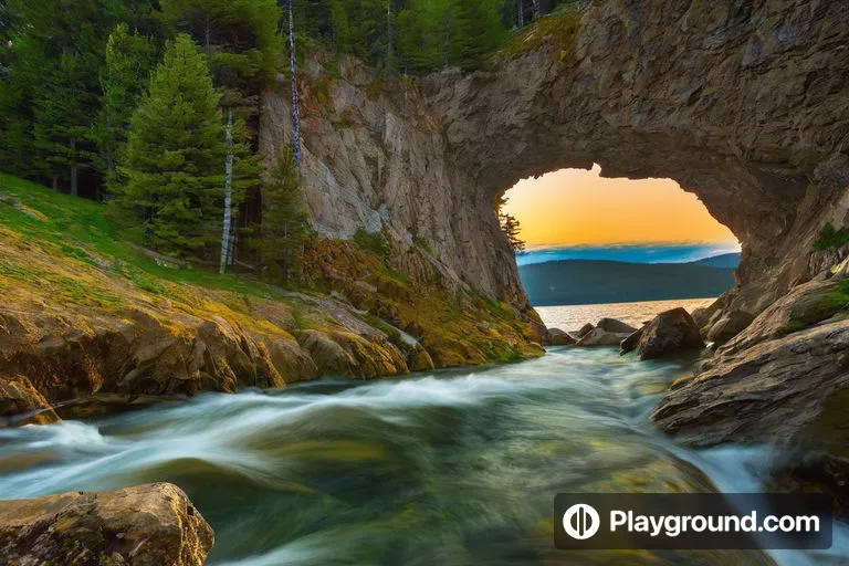 a river flowing under a bridge next to a forest