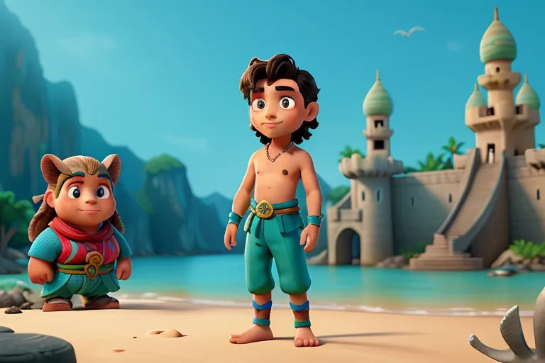 a cartoon character standing next to another character on a beach winking, blinking, avoid distortion