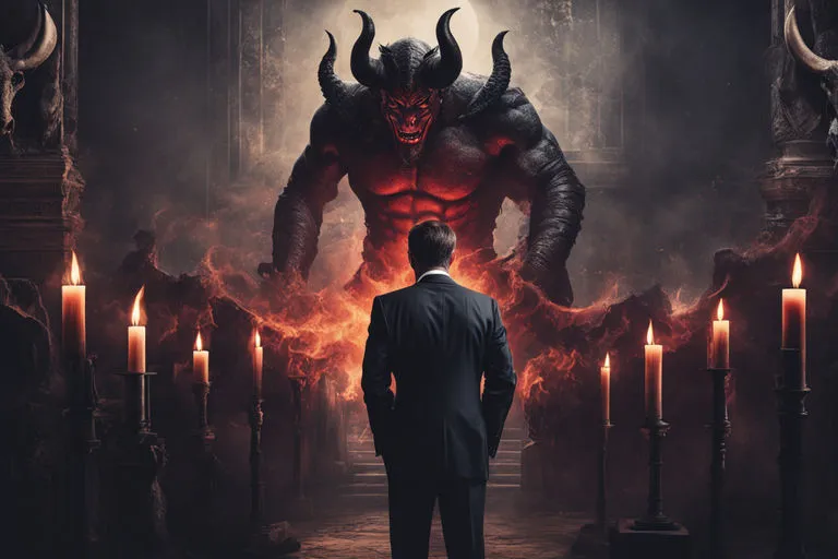 a man standing in front of a demonic demon