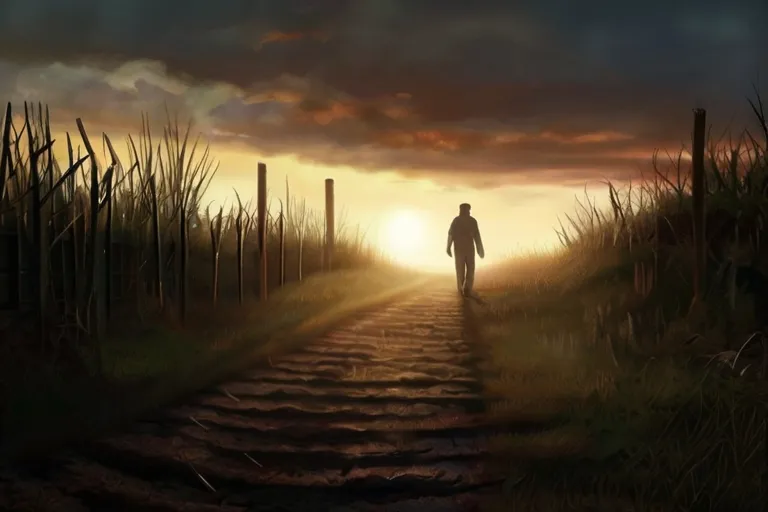 a man walking down a path towards the sun