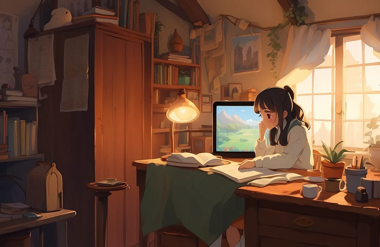 a girl sitting at a desk with a book and a computer