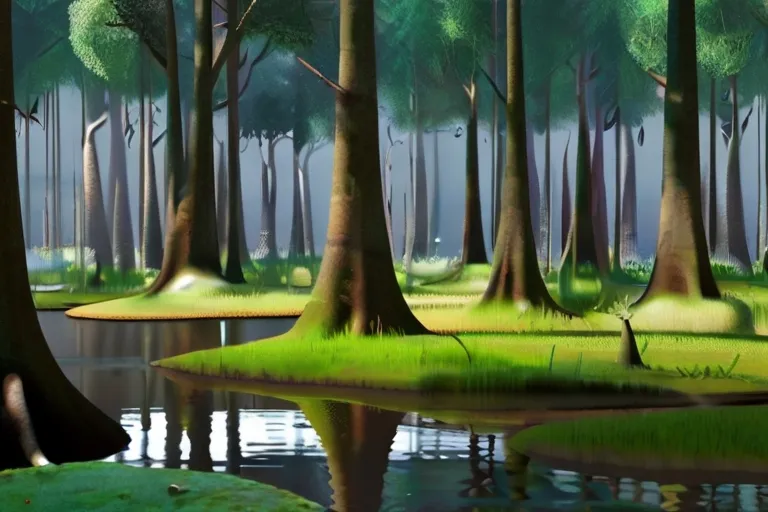 a painting of a swamp with trees and grass