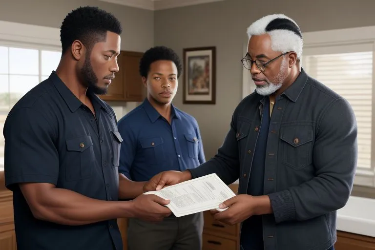 three men standing in a kitchen looking at a piece of paper