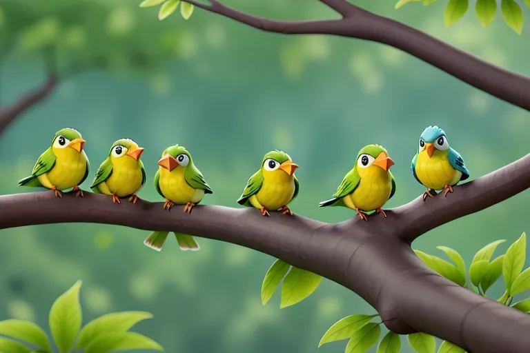  Birds perched on tree branches, their melodious songs filling the air with music.