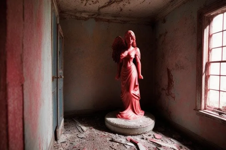 a statue of a woman in a run down room