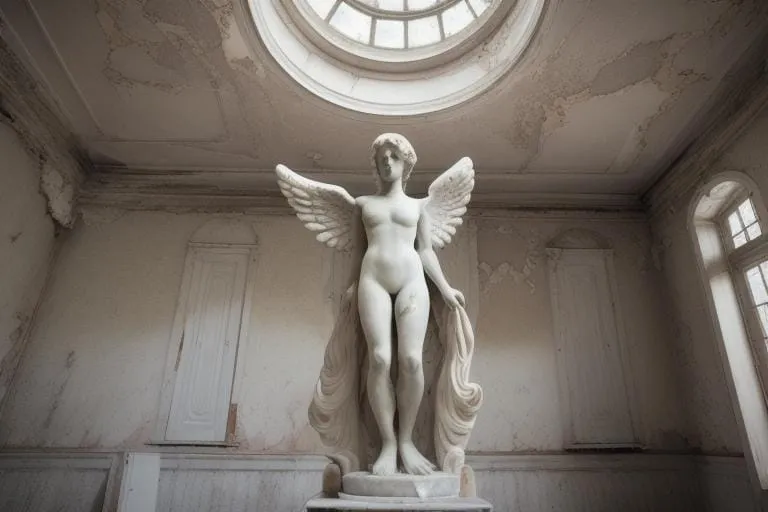 a statue of an angel in a room with a round window