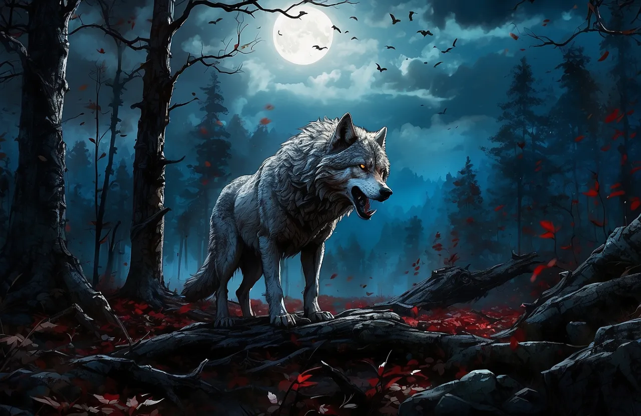 a wolf standing on a log in a forest at night