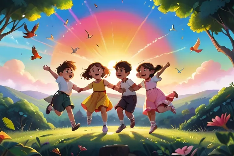 a painting of three children jumping in the air