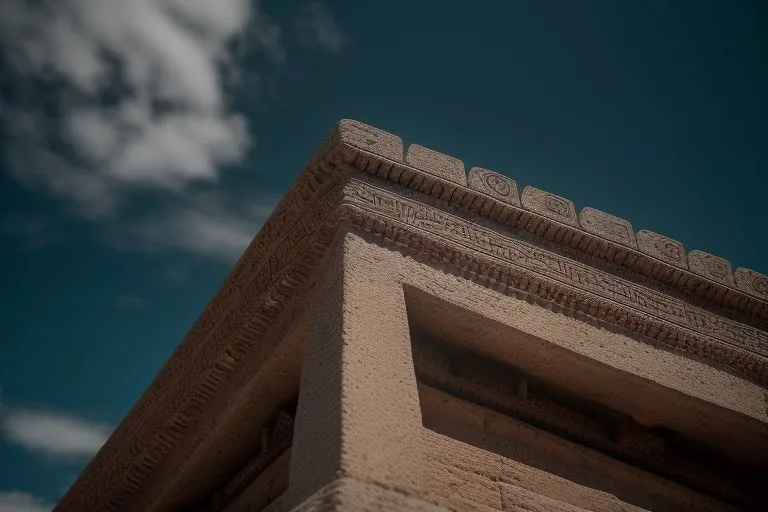 the corner of an ancient egyptain building with a sky in the background