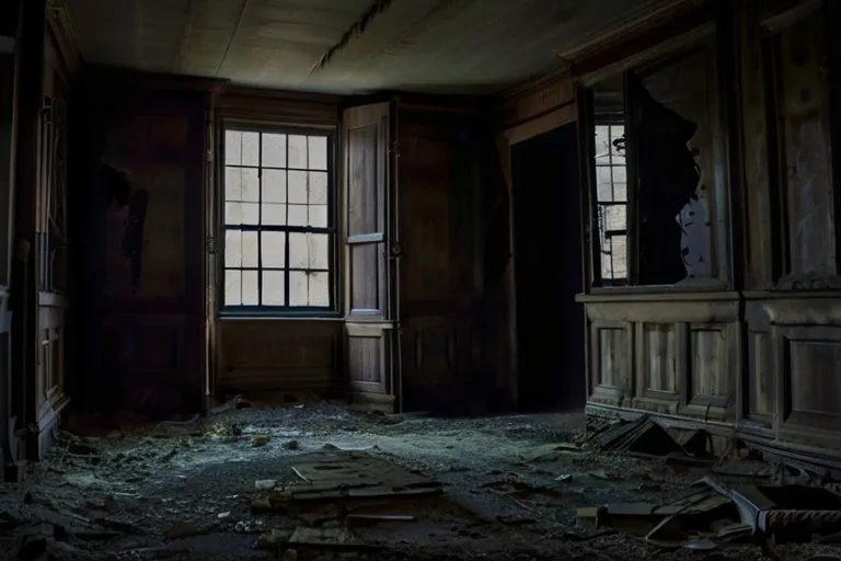 a run down room with broken windows and debris on the floor