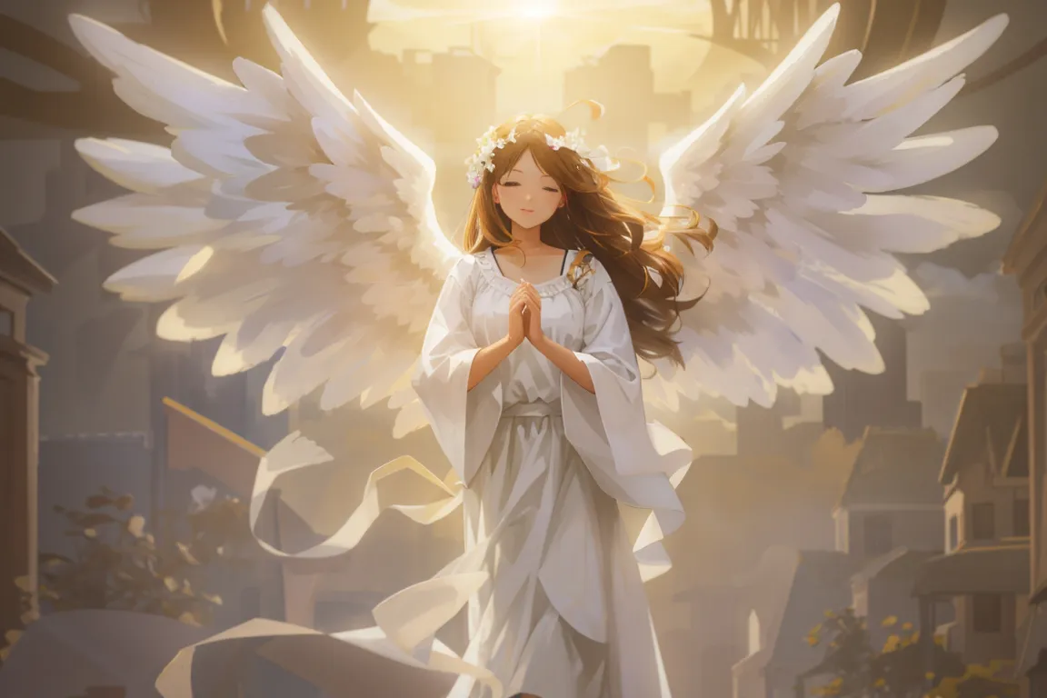 a woman with angel wings standing in a city