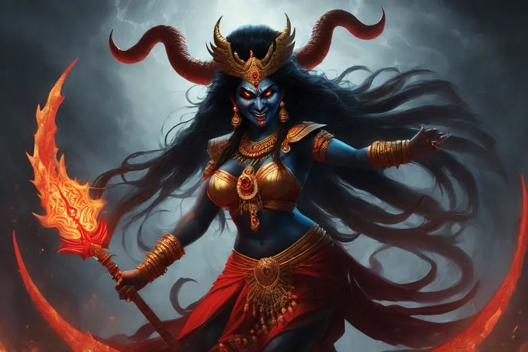 angry kali goddess with red eyes smiling, full body, realistic. she´s fighting a demon, ((steampunk style)), (mechanisms), fantasy, gear decoration, 