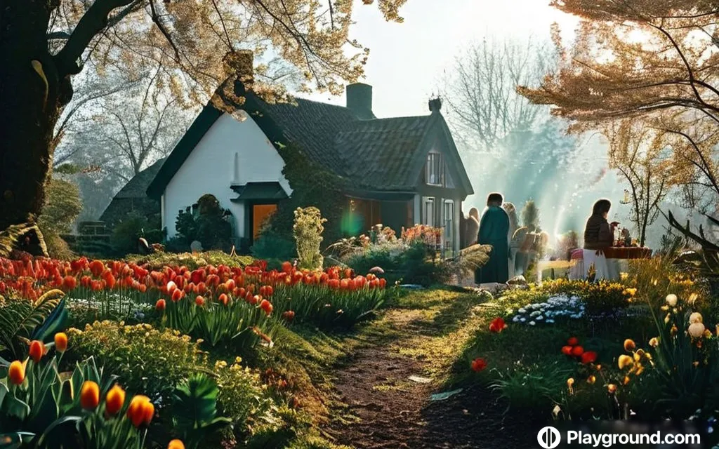 a group of people standing in front of a house